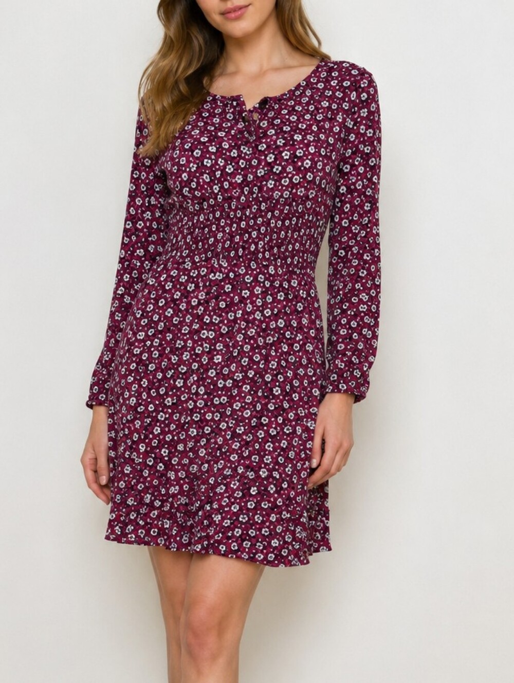 Glam & Fame — Purple Long Sleeve Floral Dress, Size M/L